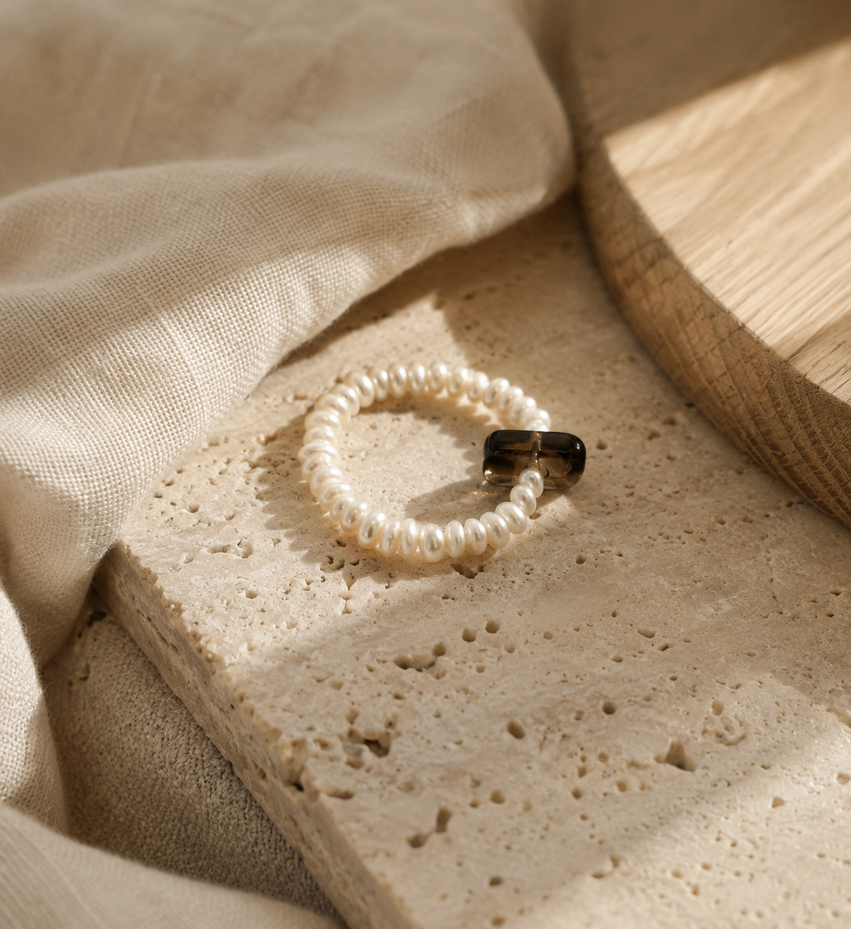 Smoky Quartz & Freshwater Pearl Stretch Ring | Handmade Nature-Inspired Ring