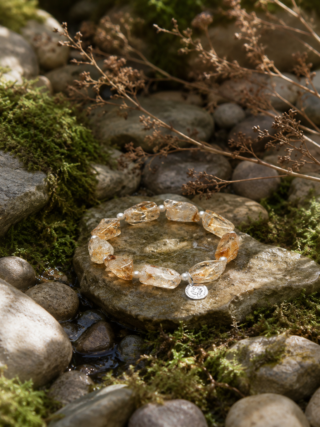 Natural Golden Rutilated Quartz Bracelet with Freshwater Pearls | Handmade Crystal Jewellery