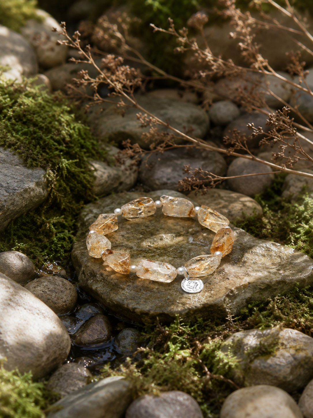 Natural Golden Rutilated Quartz Bracelet with Freshwater Pearls | Handmade Crystal Jewellery