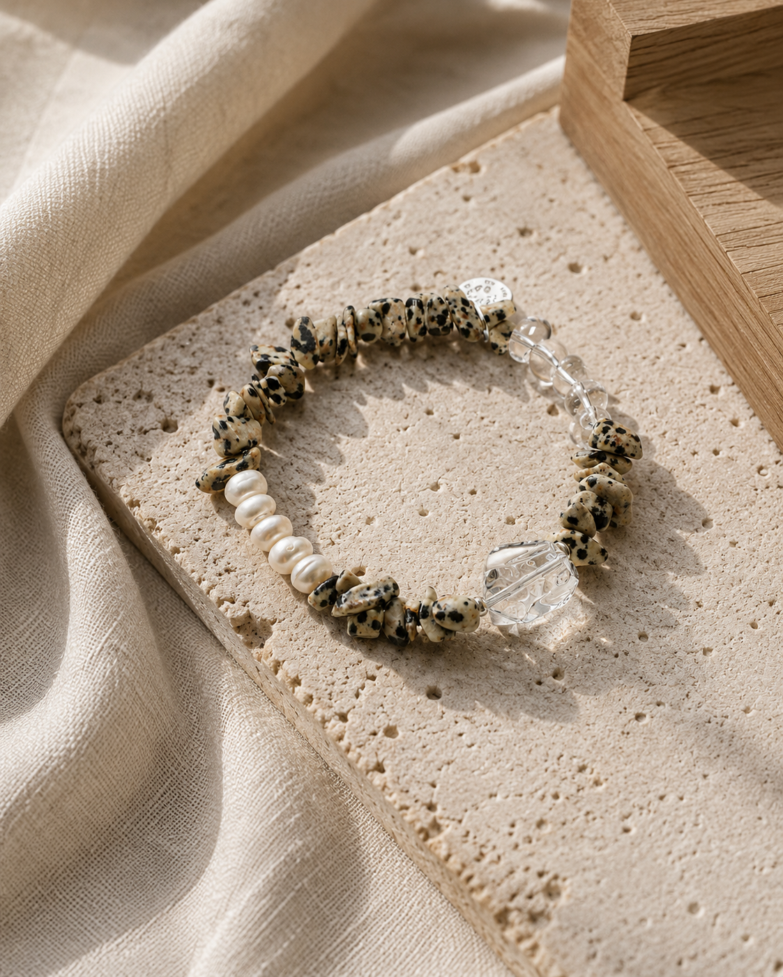 Dalmatian Jasper, Freshwater Pearl & Clear Quartz Bracelet