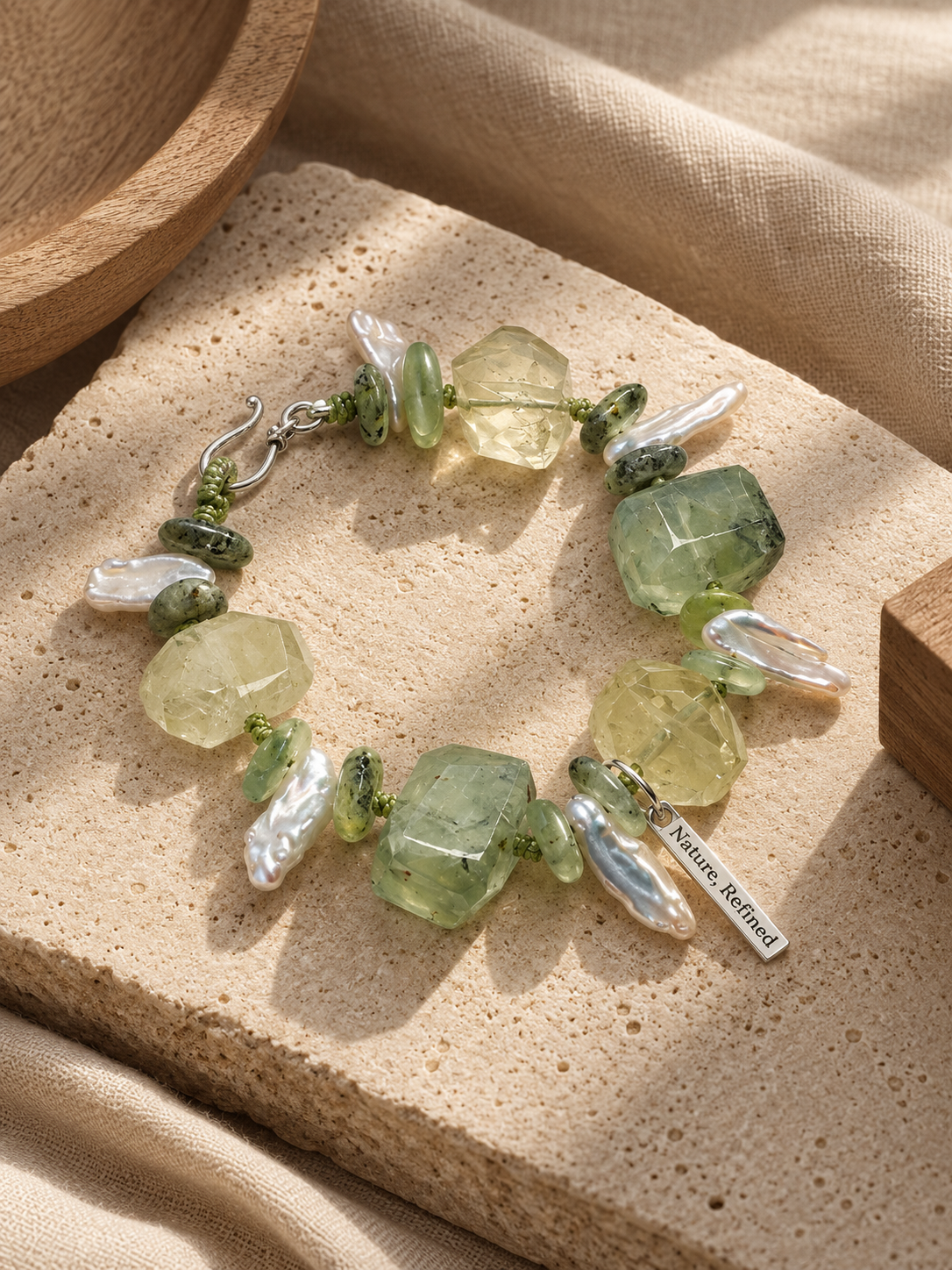 Prehnite & Baroque Pearl Bracelet | Handmade Natural Crystal Jewellery