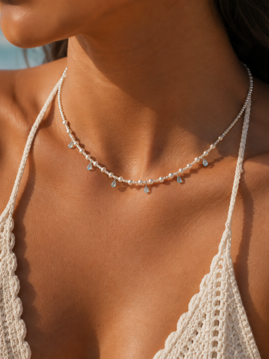 Pearl & Blue Topaz Crystal Choker Necklace