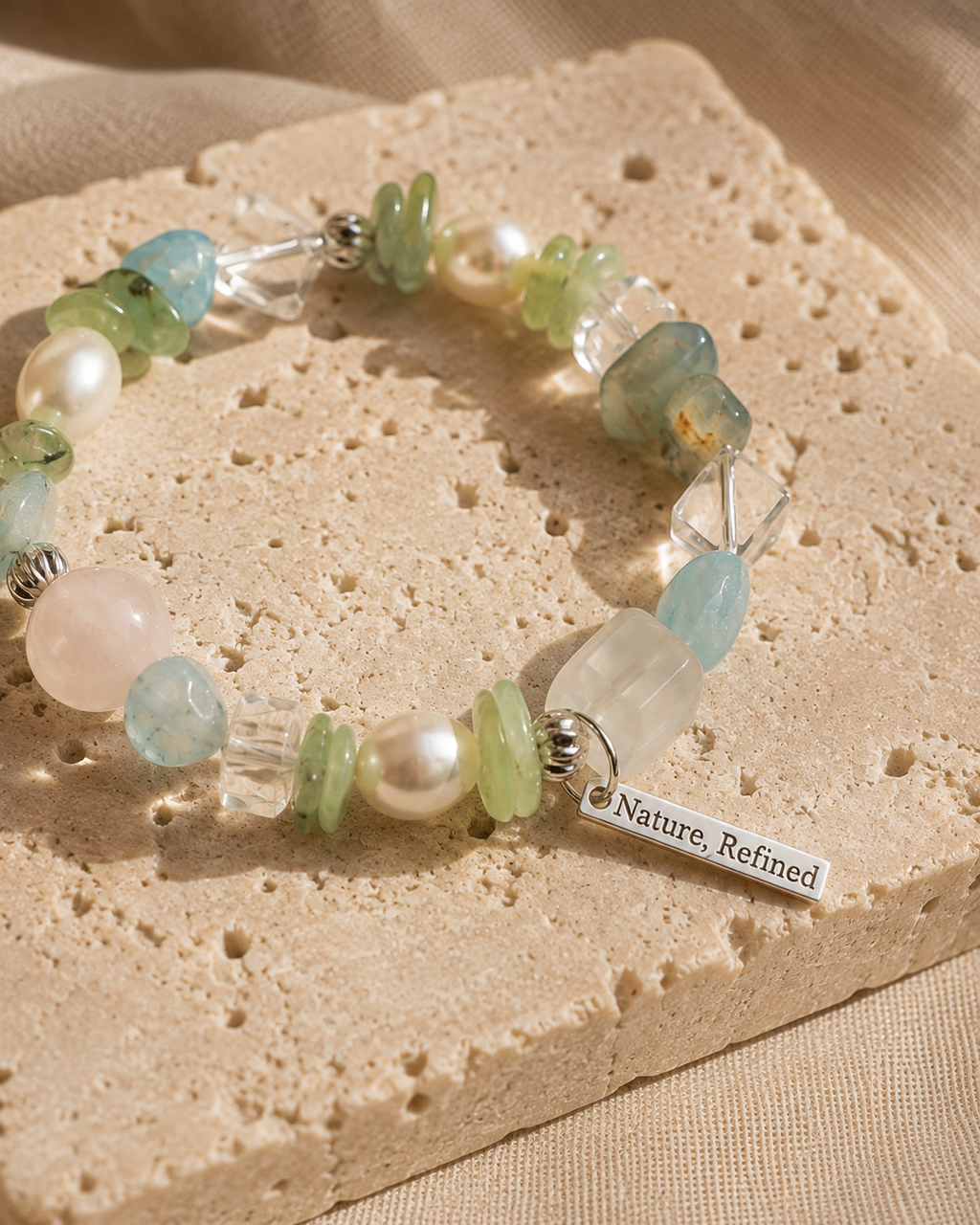 Serene Garden Crystal Bracelet – Rose Quartz, Aquamarine & Prehnite
