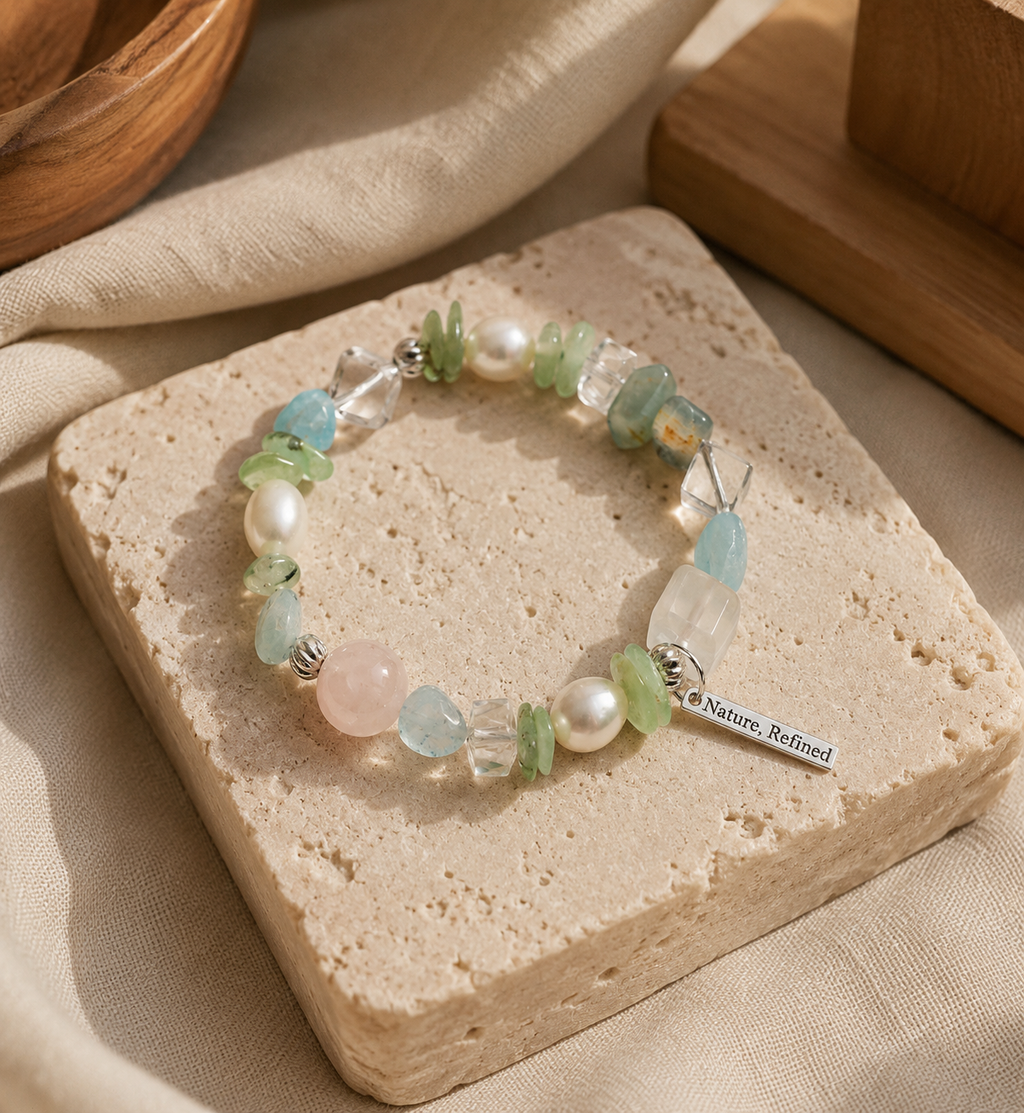 Serene Garden Crystal Bracelet – Rose Quartz, Aquamarine & Prehnite
