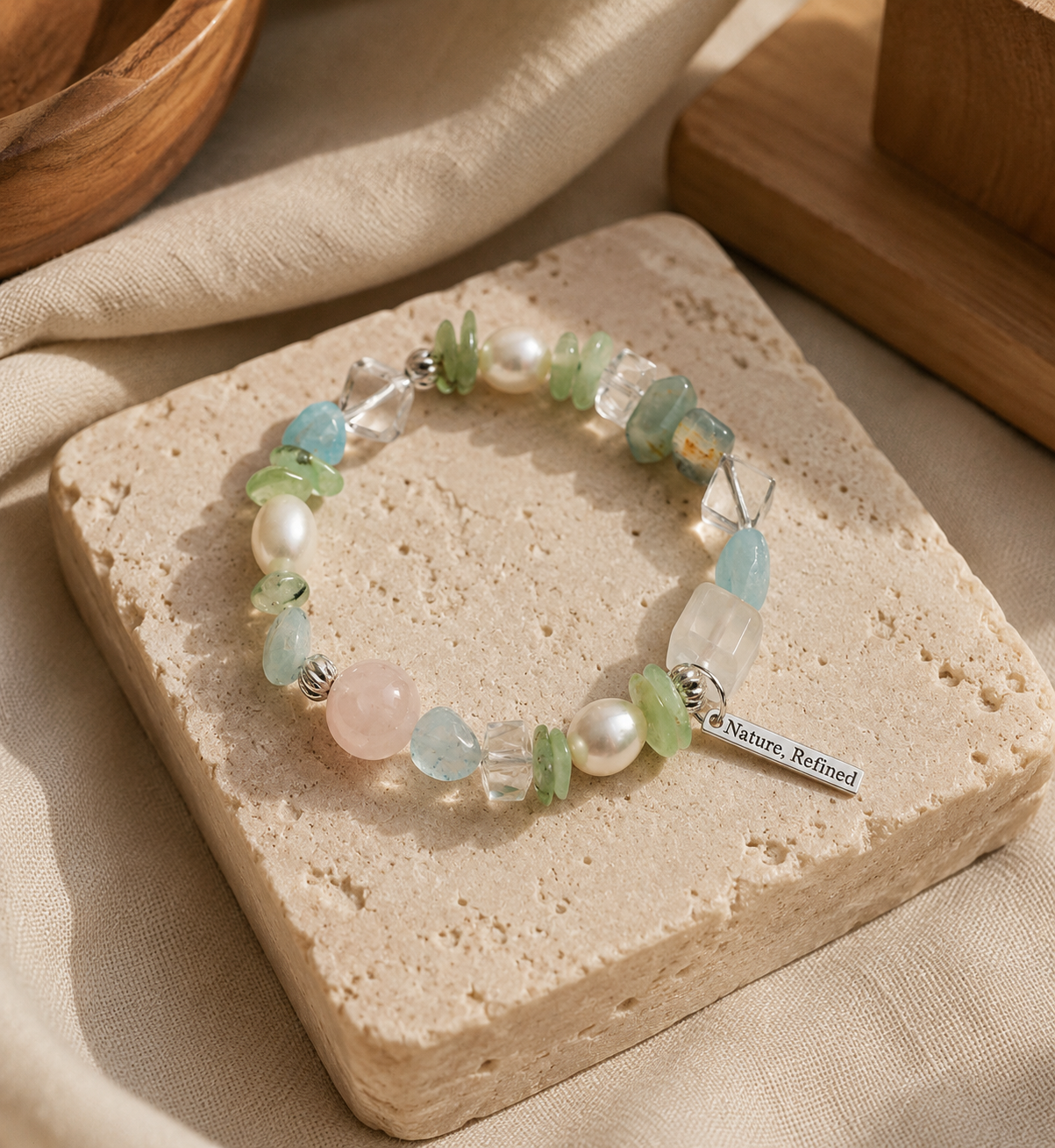 Serene Garden Crystal Bracelet – Rose Quartz, Aquamarine & Prehnite