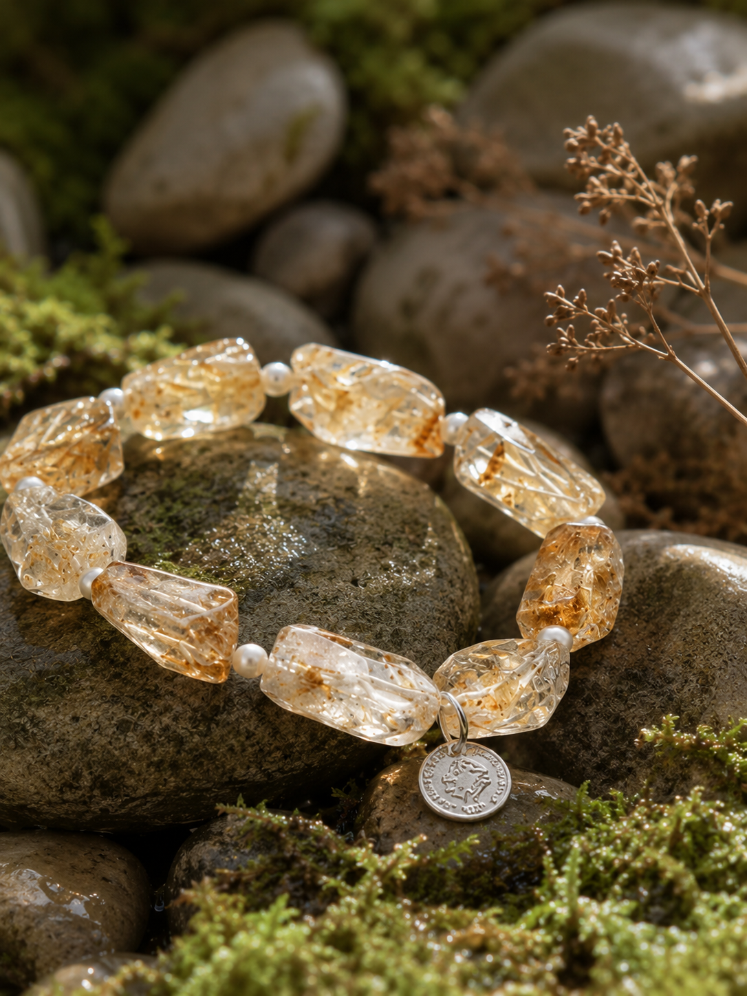 Natural Golden Rutilated Quartz Bracelet with Freshwater Pearls | Handmade Crystal Jewellery