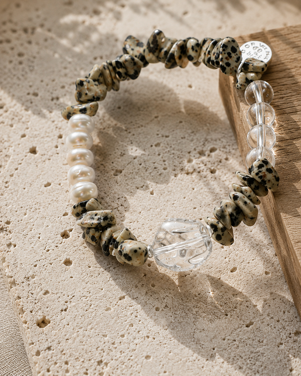 Dalmatian Jasper, Freshwater Pearl & Clear Quartz Bracelet