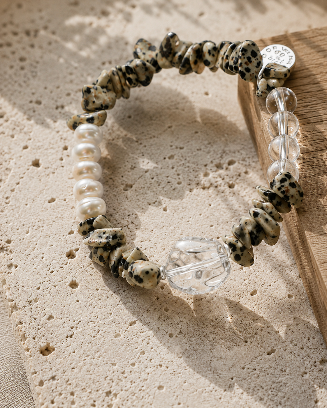 Dalmatian Jasper, Freshwater Pearl & Clear Quartz Bracelet