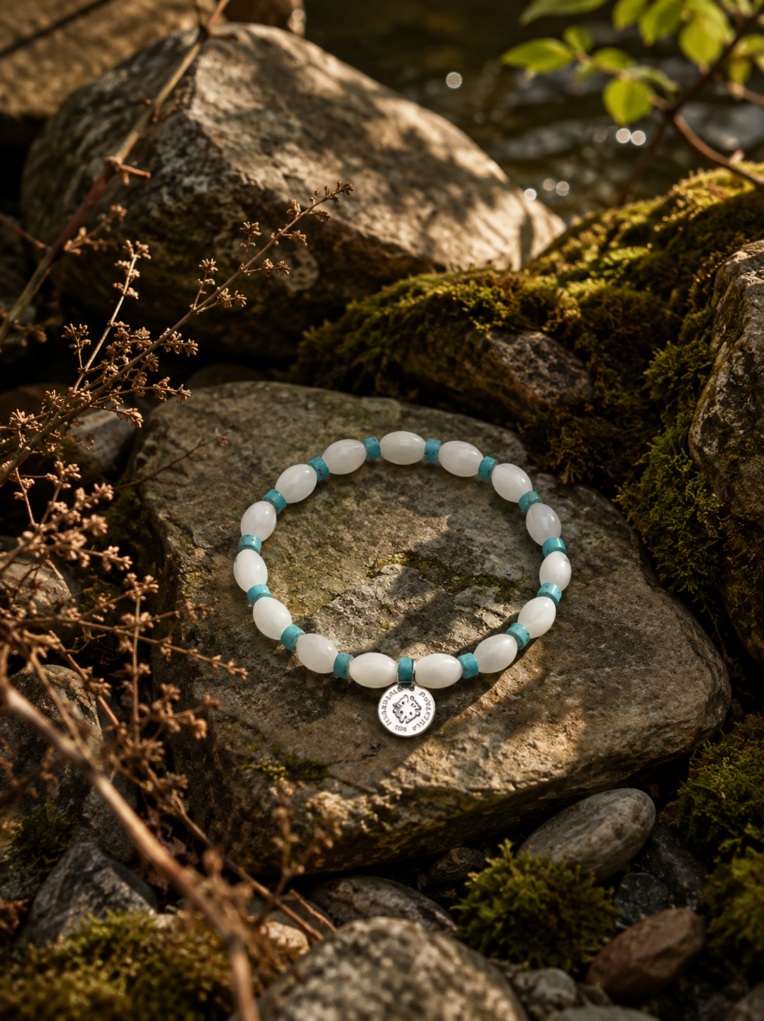 White Shell & Turquoise Beaded Bracelet | Sterling Silver Charm | Handmade Nature Bracelet
