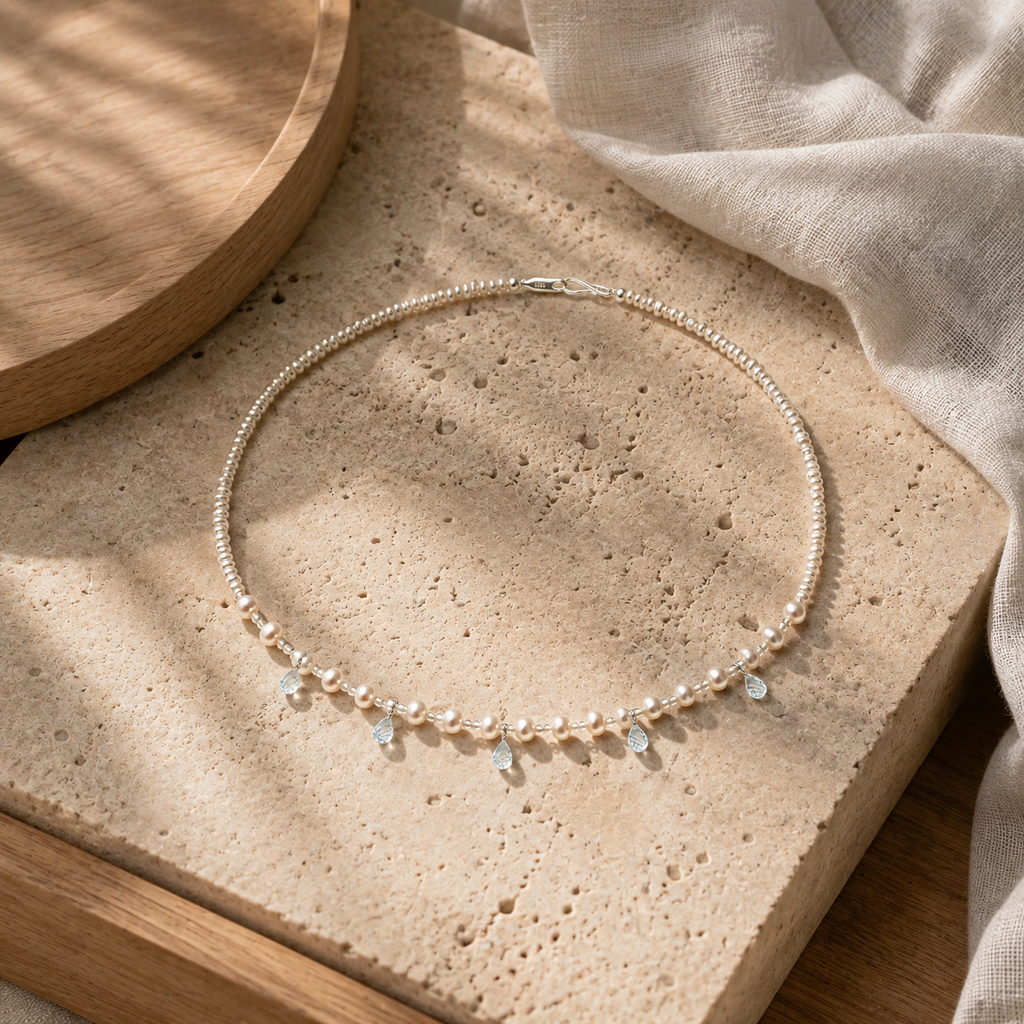 Pearl & Blue Topaz Crystal Choker Necklace